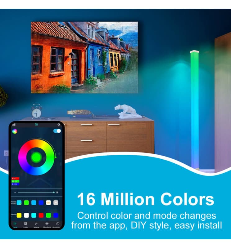 LuminexDesigns Lampada da Terra LED RGB 150cm – Piantana da Angolo Dimmerabile con Telecomando, Controllo Vocale Alexa, Illuminazione Ambientale per Soggiorno, Camera da Letto, Sala Giochi