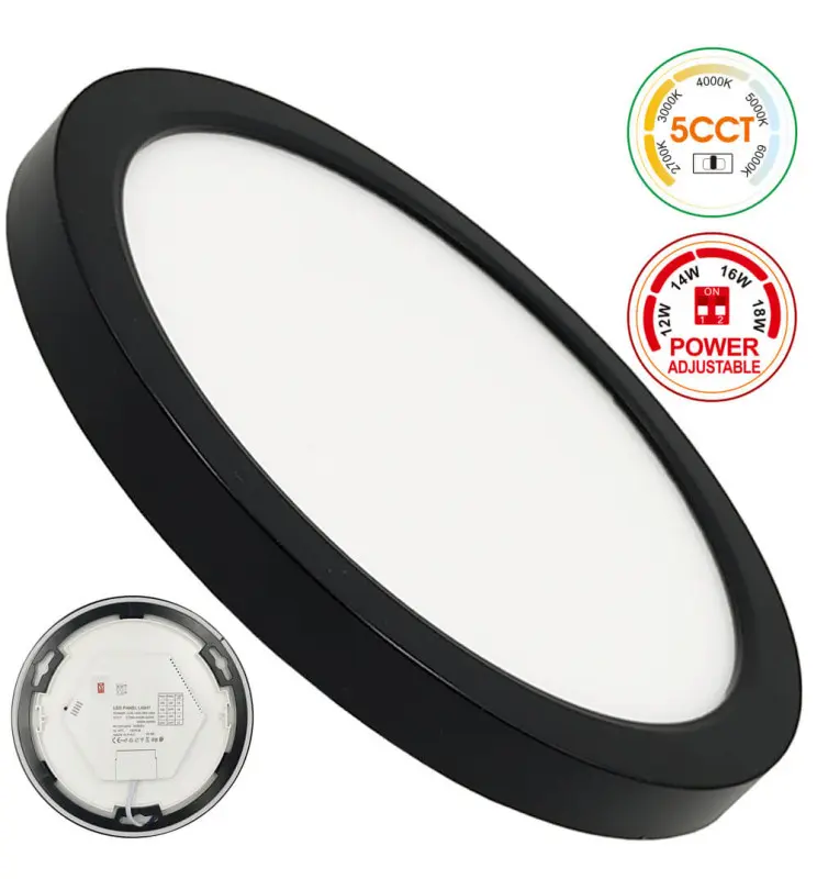 Plafón + Downlight LED - Circular- BONN Negro -  Potencia Ajustable 18W - 16W - 14W - 12W - 5CCT - SMD2835 140Lm/W - IP44 - Imagen 1