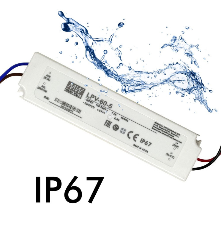 Professional Power Supply | 60W | MEAN WELL | Output 5V DC - 8A | IP67 | TÜV