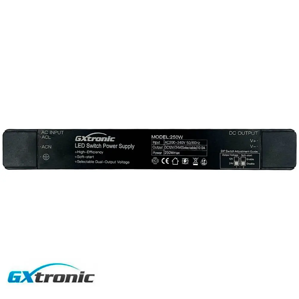 Fuente de Alimentación Slim GXtronic 250W | Salida Dual Seleccionable 12V/24VDC | IP42 | 10A - Imagen 1