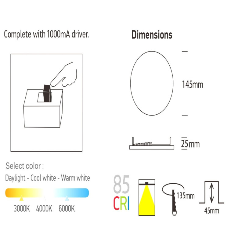 Maßzeichnung LED Einbauleuchte 145 mm