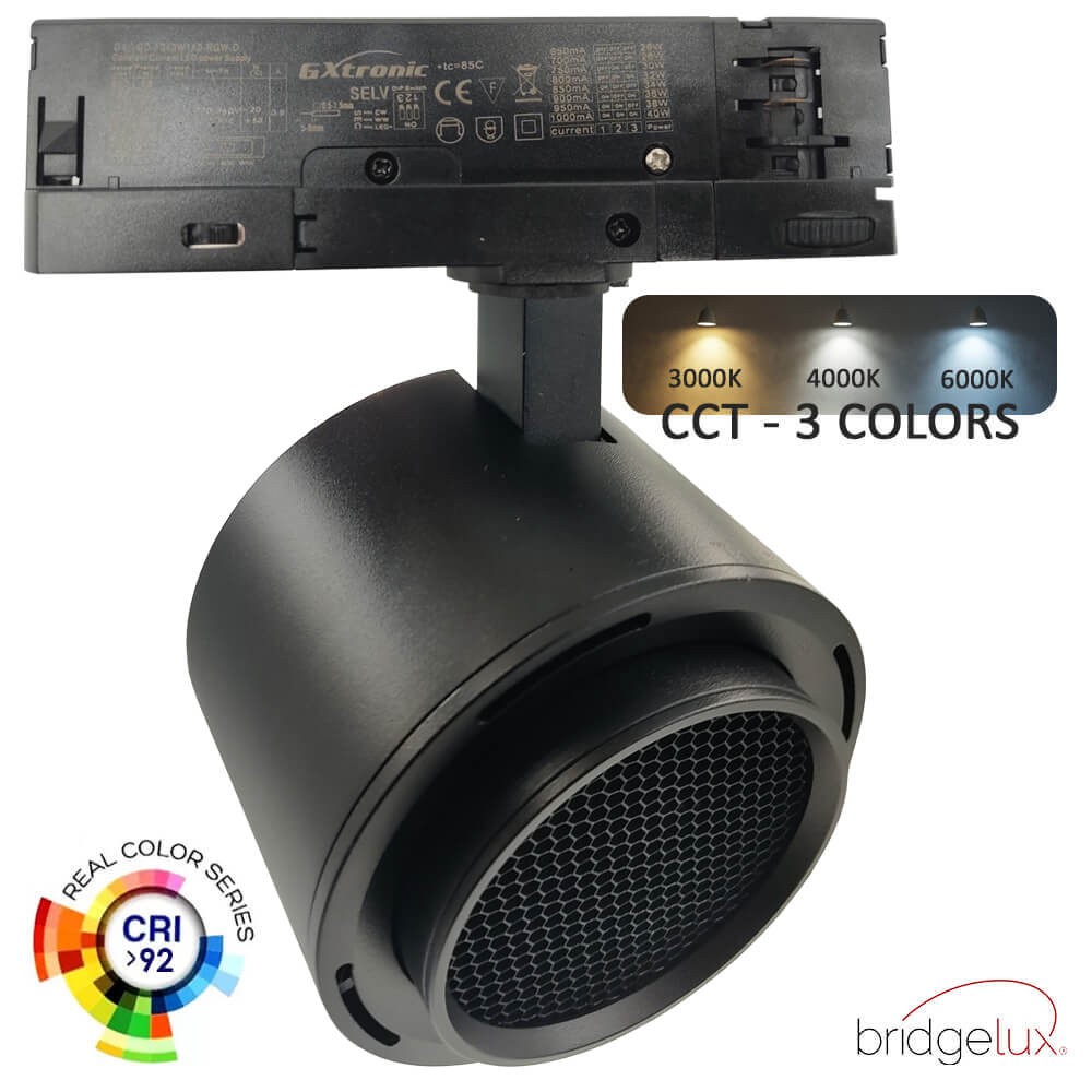 Spot LED Triphasé - 40W-30W - ROME Noir - Driver GxTronic - Optique réglable 24º-60º - UGR13 - CCT