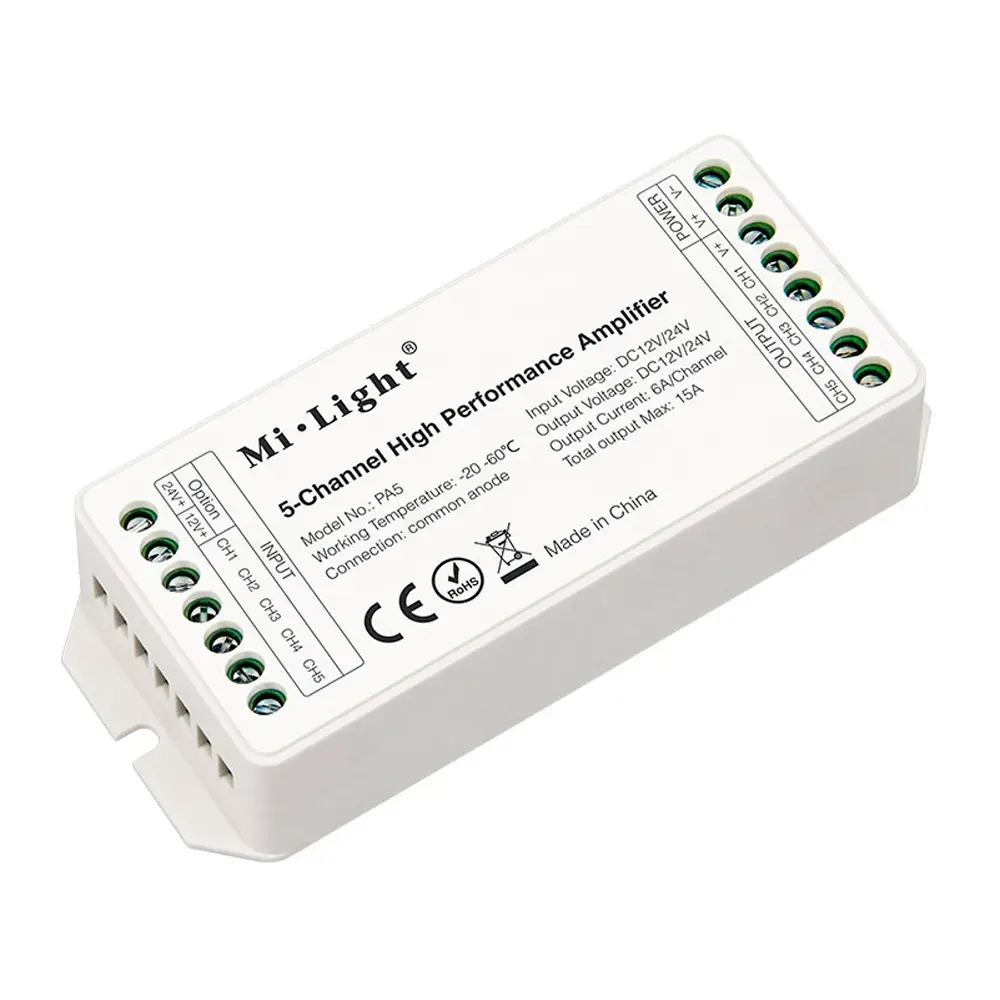 Amplificador de Sinal LED de 5 Canais para Fitas LED Monocromáticas, CCT, RGB e RGB+CCT
