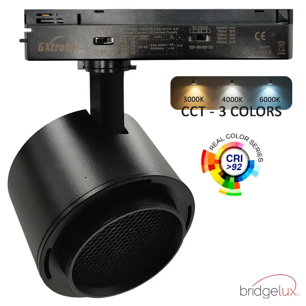 LED Track Spotlight 40W-28W Single-Phase - ROMA Black - GxTronic Driver - Adjustable Optics 24º-60º - UGR13 - CCT