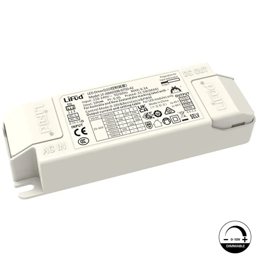 Driver Lifud - Dimable 0-10V - Para luminarias LED de hasta 30W - No Flick - Salida 25-42V DC 500-750mA