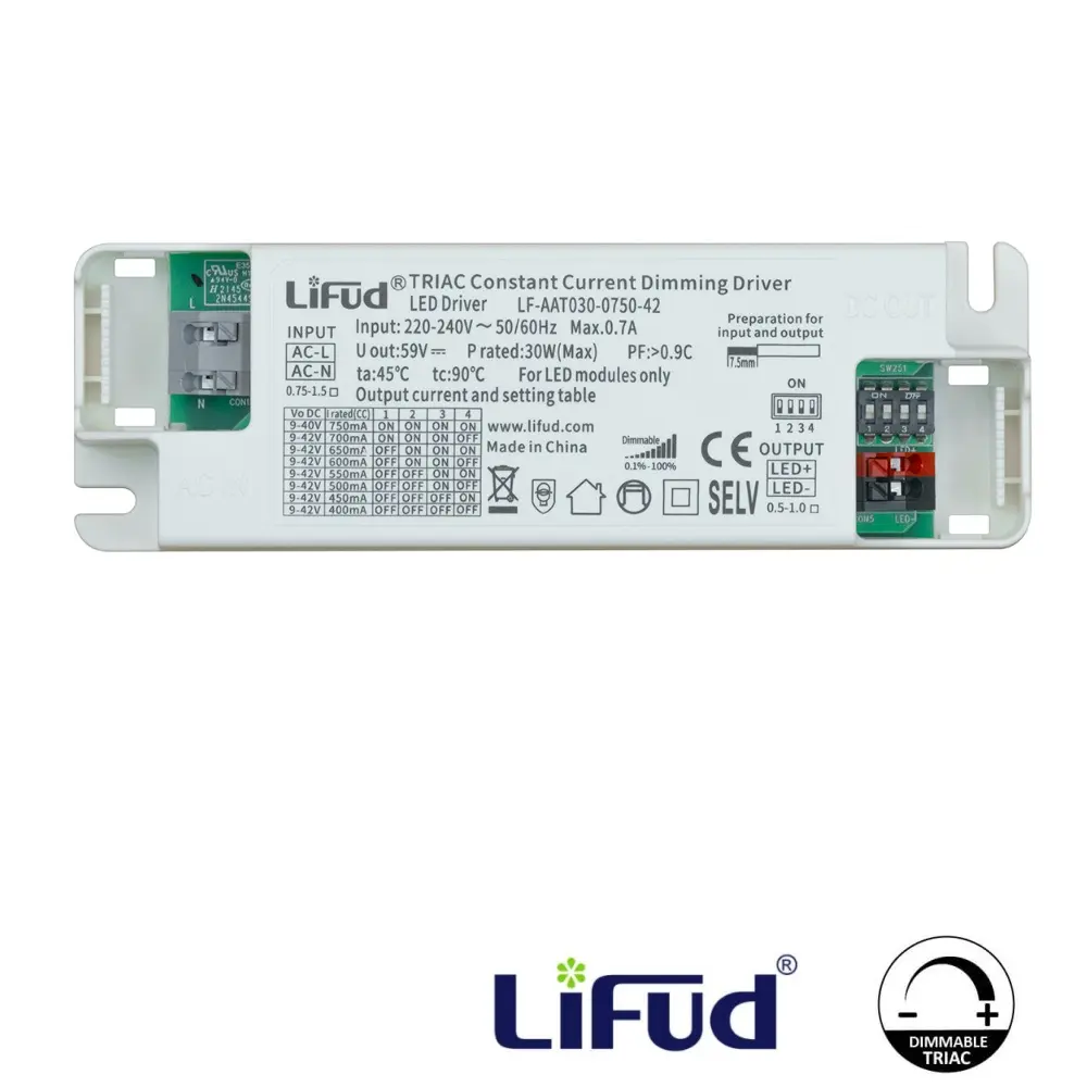 Driver Lifud - Dimable TRIAC - Para luminarias LED de hasta 30W - No Flick - Salida 9-42V DC 400-750mA