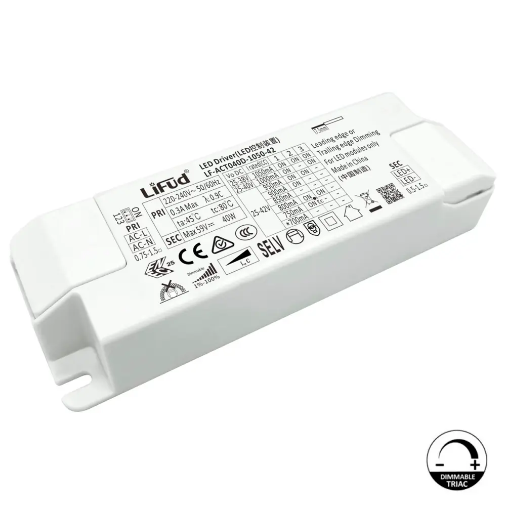 Driver Lifud - Dimable TRIAC - Para luminarias LED de hasta 40W - No Flick - Salida 25-42V DC 750-1050mA