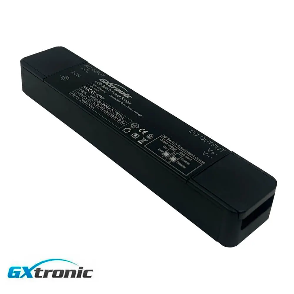 Fuente de Alimentación Slim GXtronic 60W | Salida Dual Seleccionable 12V/24VDC | IP42 | 2,5A
