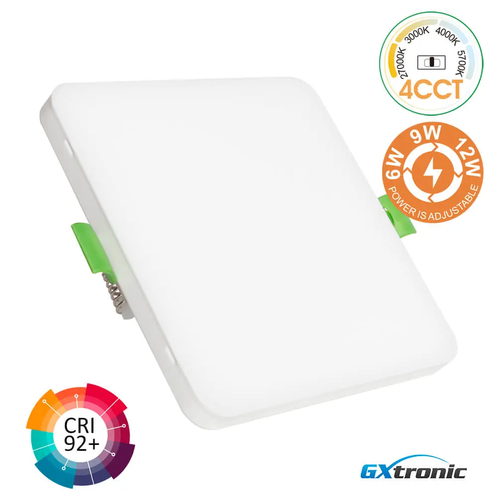 Square LED Downlight 6W 9W 12W Frameless 4CCT | Adjustable 50-100mm | White | CRI92
