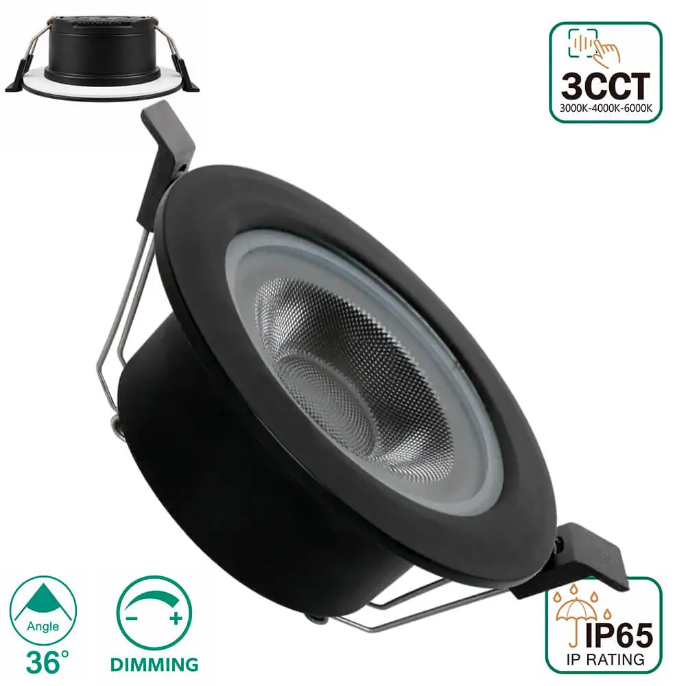 6W Fire Rated Recessed LED Downlight Dimmable TRIAC 3CCT IP65 36° | Black