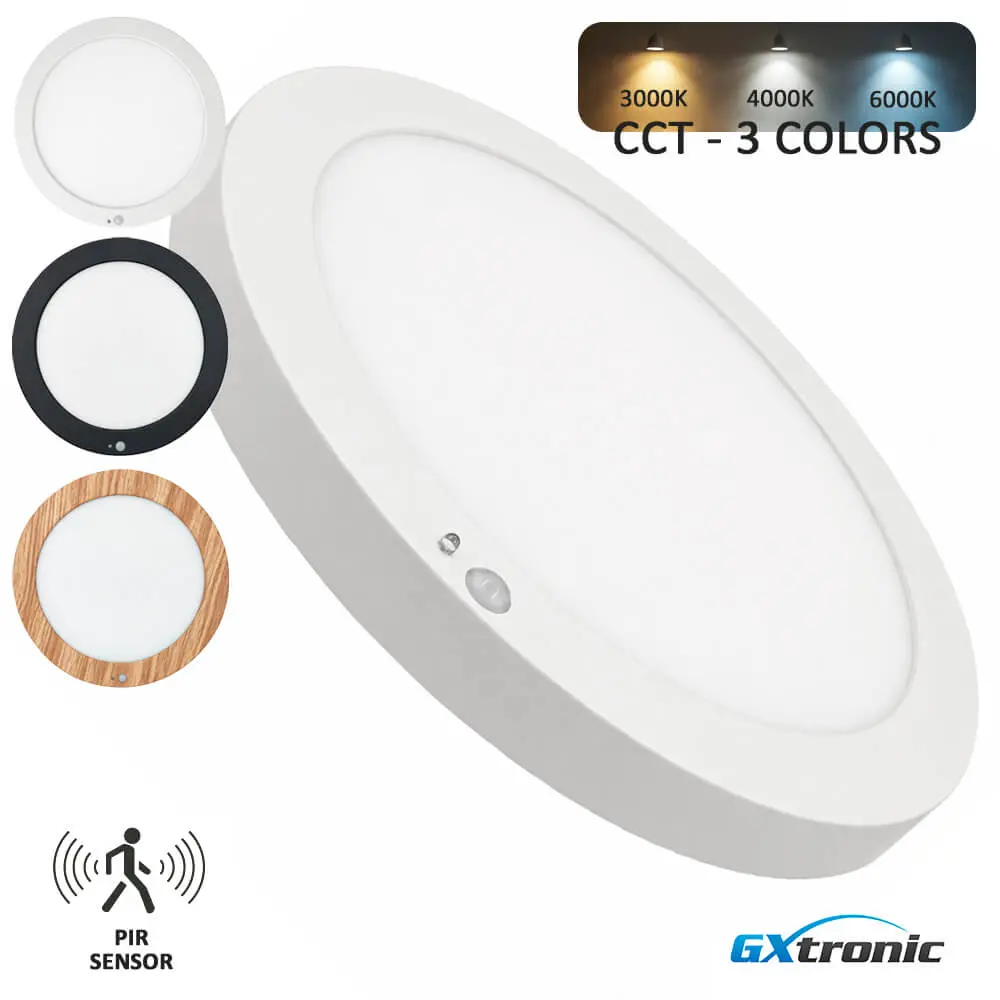 LED Ceiling Light + Downlight Round 18W 3CCT with PIR Sensor | White, Black and Wood Effect