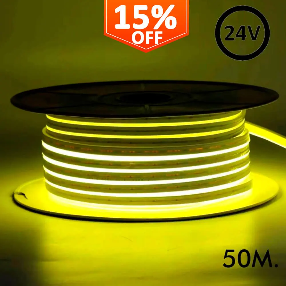 LED-neon 24V - 8W/m - Spole 50m - 6x12mm- GUL
